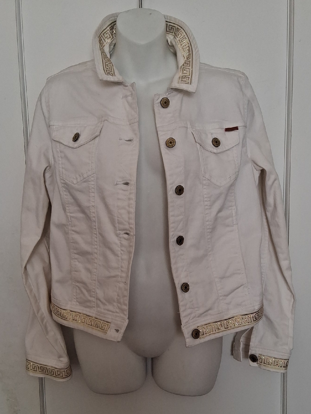 Isaac Mizrahi White Upcycled And Refined Gold Embellished Denim Jacket